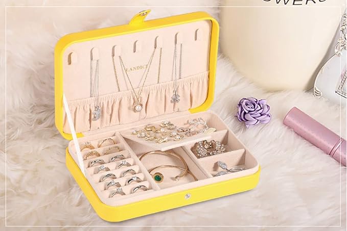 LANDICI Small Jewelry Box for Women Girls, PU Leather Travel Jewelry Organizer Case, Portable Jewellery Storage Holder Display for Ring Earrings Necklace Bracelet Bangle Watch Men Kids Gift, Yellow