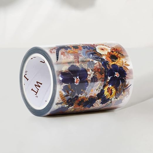 WT PET Tape, Floral Sunflower & Navy Design, Wide Decorative Craft Tape, Single Roll, Clear Transparent Tape for Bujo Planner & DIY Scrapbooking Supplies
