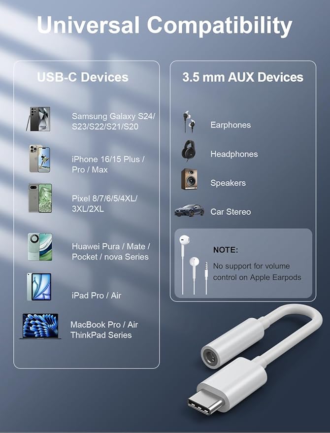 USB-C to 3.5mm Audio Headphone Adapter - HiFi 1000 Pack Compatible with Apple iPhone 17 16 15 Samsung Galaxy S25 S24 S23 S22 S21 Plus Pro Max Ultra Pixel iPad - Type C to Aux Cord Jack Dongle Adapter