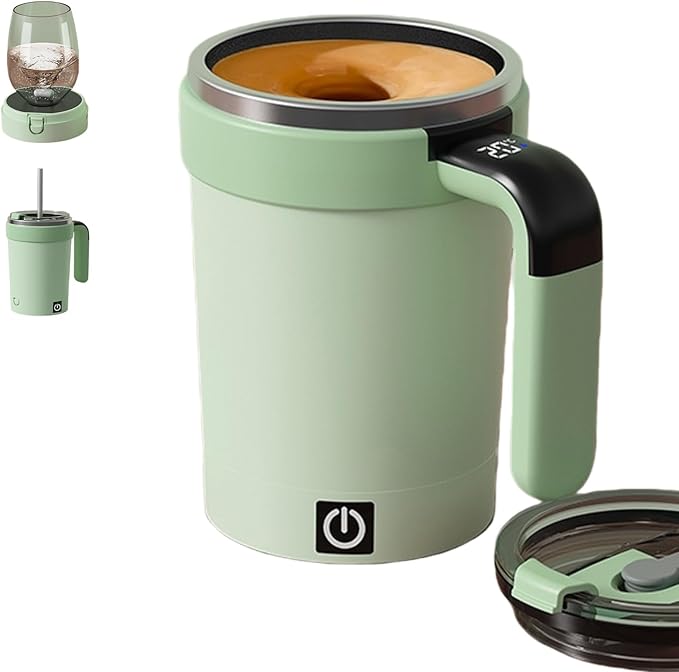 Self Stirring Coffee Mug with Lid,304 Stainless Steel Self Stirring Cup,Rechargeable Coffee Mug with Temperature Display,Suitable for Home and Office (Green)