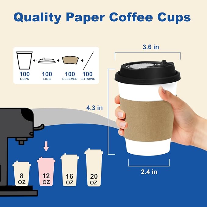 Coolcap 12 oz 100 Pack Coffee Cups with Lids and Sleeves, Straws, Hot Disposable To Go Travel Paper Cups Bulk for Office, Home Coffee Bar Accessories, Chocolate, Cocoa, Beverage (White)