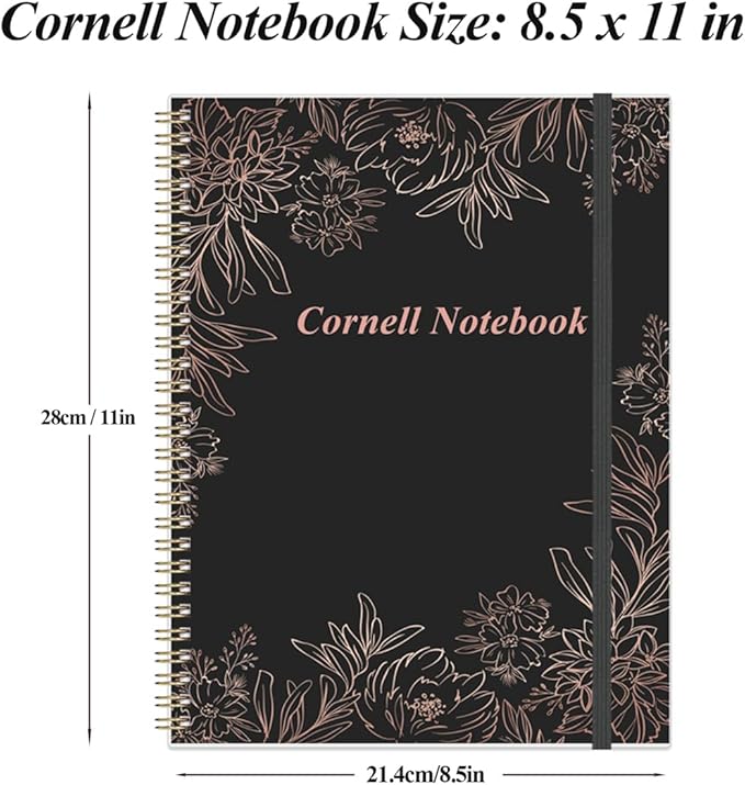 Yaridar A4 Cornell Notes Notebook - 8.5" x 11" College Spiral Cornell Notebooks for Note Taking, Subject College Ruled Steno Pads for Office School/Home, Black Flower