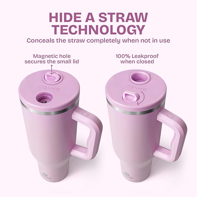 34HD 40 oz Stainless Steel Tumbler - Leakproof Insulated Water Bottle with Handle, Magnetic Lid and Flexible Straw - Iced for 48 Hours – Perfect for Men, Women, Birthday Gift, Pink - Blush Petal