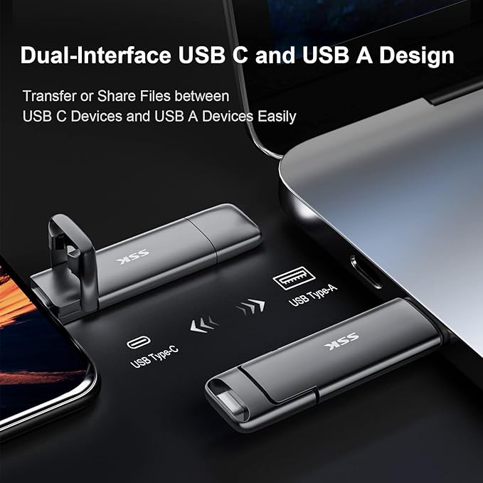 SSK 128GB Dual USB C Flash Drive,2-in-1 Type C+ USB A 3.2 Gen2 Solid State Thumb Drive,Speed Up to 550MB/s Memory Stick Data Storage for iPhone 15,Thunderbolt 3, Android Phone,Tablet,Laptop