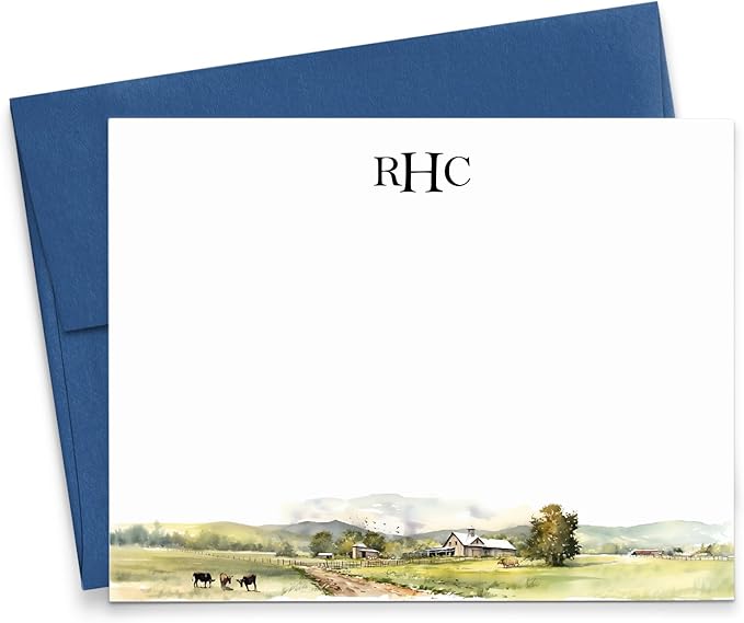 Personalized Monogram Stationery With Envelopes, FLAT Note Cards With Name, Farm Stationery Set, Watercolor Note Cards for Women, Stationary Paper With Initials, Your Choice of Colors and Quantity