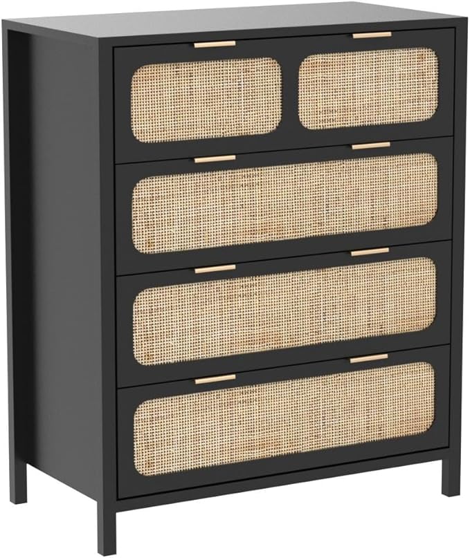LEVNARY 4 Drawer Dresser for Bedroom, Rattan Dresser Drawers Storage Cabinet with Metal Handles, Wooden Chest of Drawers for Bedroom, Entryway, Living Room, Hallway (1, Black)
