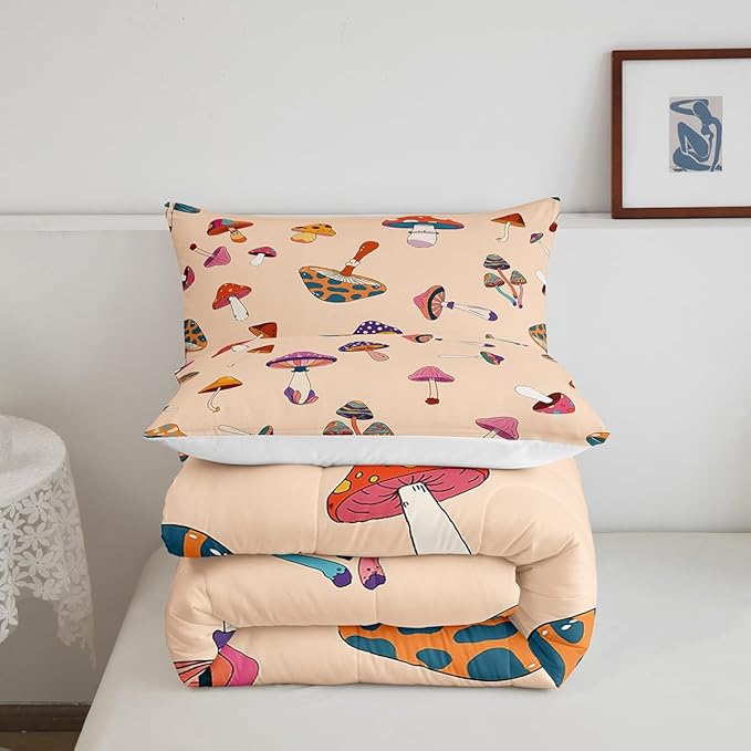 Retro Mushroom Twin Size Comforter Set,Hippie Plant Duvet Set with 1 Pillowcase for Kids Boys,60s 70s Cartoon Style Soft Microfiber Bedding Comforters
