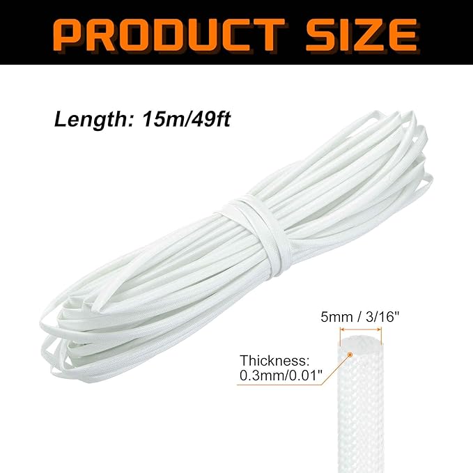MECCANIXITY 49ft Braided Cable Sleeve, 3/16" ID 200C High Temperature 1500V Fiberglass Wire Insulation Cord Protector Organizer Wires Management for Motor Engine Fuel Line, White