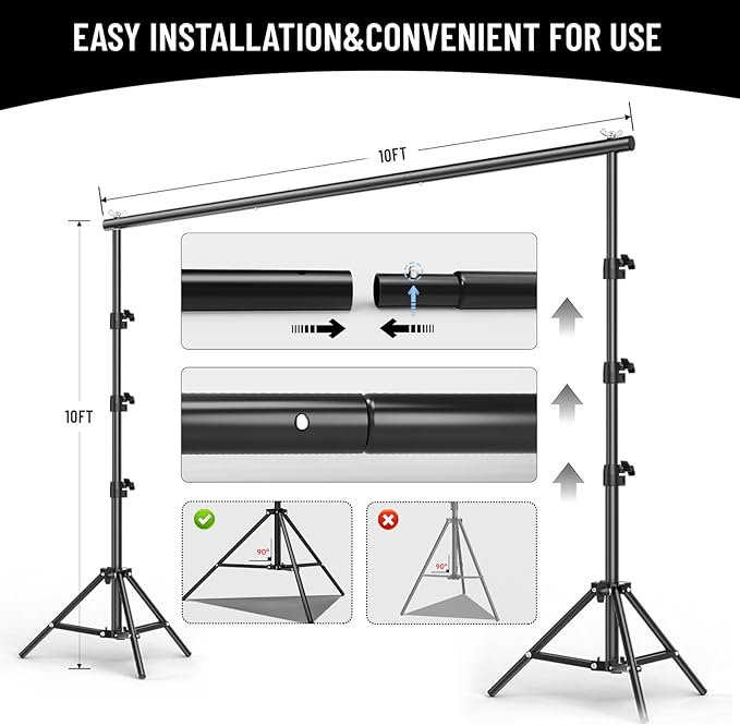 BEIYANG 10x10FT Backdrop Stand, Background Support Kit for Photography, 2 Adjustable Backdrop Supports, 4 Crossbars, 4 Clamps, and Carrying Bag for Photo Video Stutio, Parties Decoration
