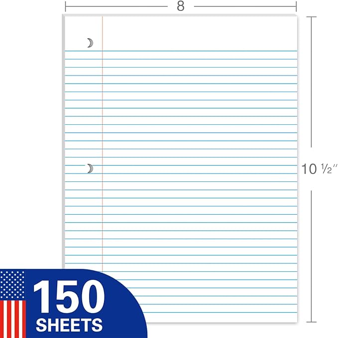 WritePads Loose Leaf Notebook Paper, 8"x10-1/2" College Ruled Lined Paper, 3 Hole Punched For 3 Ring Binder, 150 Sheets/Pack, 24PK Per Carton, 3600 Sheets, Made In USA