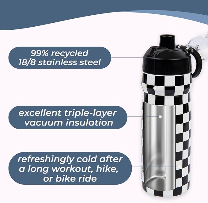 Magnetic Water Bottle with Straw 18 oz - Stainless Steel Insulated Tumbler for Gym & Bike (Fits Holders) - Leak Proof Pop-Up Lid, 2-in-1 Sip or Chug, Handle & Cute Black Checkered Print