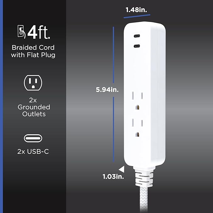 GE 2 USB C Extension Cord Power Strip, 2 Outlets, 4 Ft Braided Cord, Flat Plug, 245 Joules, 12W Charging Power, 16AWG, White, 87434
