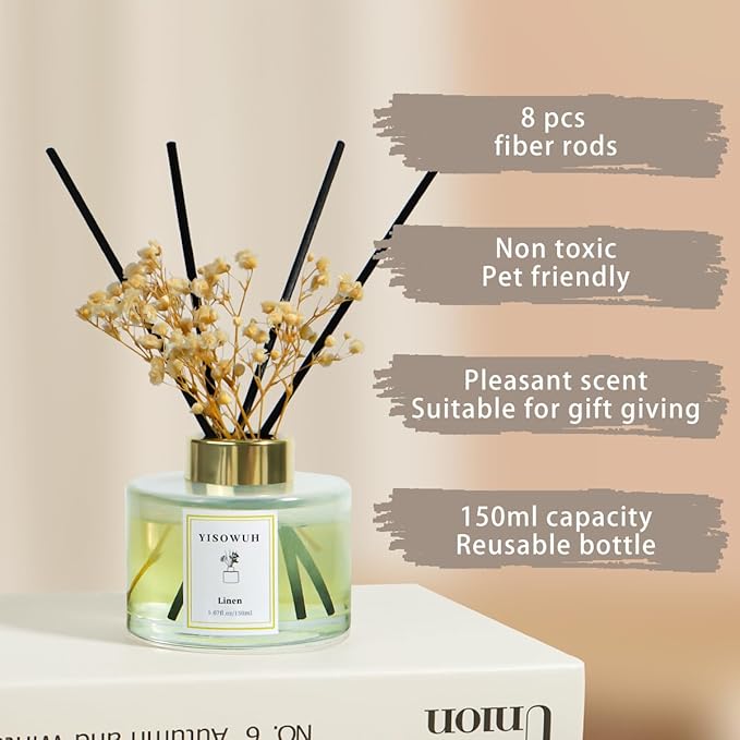 YISOWUH Reed Diffuser Set,5.07 fl oz (150 ml) - Linen Oil Diffusers with 8 Reed Sticks,Home Fragrance Reed Diffuser for Bathroom Shelf Decor