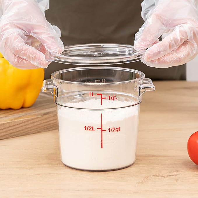 Restaurantware Met Lux 1 Quart Food Storage Container, 1 Round Commercial Storage Container - Lid Sold Separately, With Volume Markers, Clear Plastic Food Prep Bucket, Space-Saving Storage