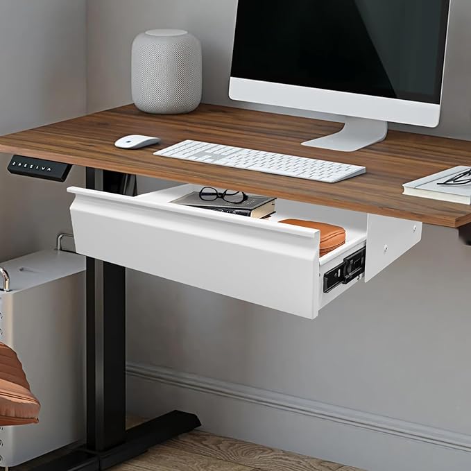 22" Under Desk Drawer Slide Out For Office Desk, Storage Organizer For Sit Stand Workstation, White