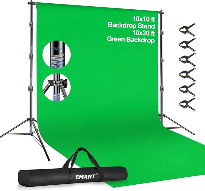 EMART 10 x 10ft Green Screen Backdrop Kit with Tripod Stand, Photography Background Support System with 10 x 20ft 100% Cotton Muslin Chromakey Backdrop for Photo Studio, Video Shooting, Live Streaming