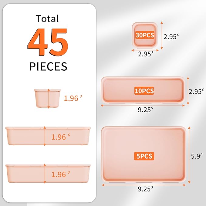 45 Pack Pink Plastic Drawer Organizer Trays - 3-Size Storage for Kitchen, Bathroom, Office, Vanity, Makeup, Utensils, Junk Drawer Organizer Bins, Gadget Trays