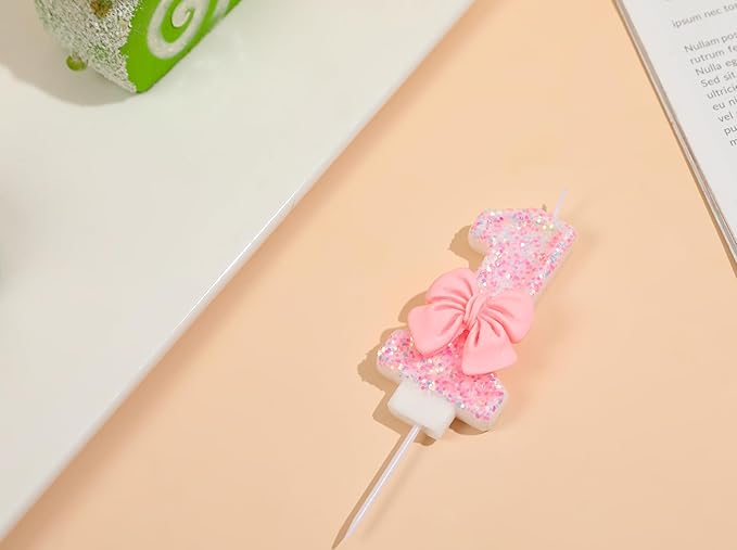 Number 14 Candle Pink Sequins and Bowtie 14th Cake Topper, 14 Birthday Candle for Girls Pastel Sweet Theme Birthday Party or Adults Milestone Age Decoration