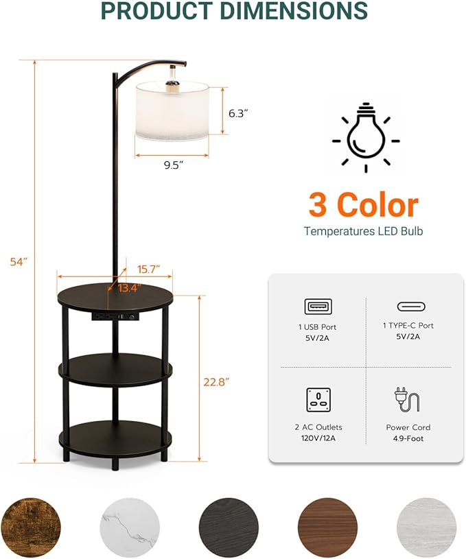 Round Side Table with Lamp and USB Ports, 3-Tier Small End Table for Living Room & Bedroom, Rustic Wood Metal Nightstand for Small Spaces, Easy to Assemble, Charcoal Wenge