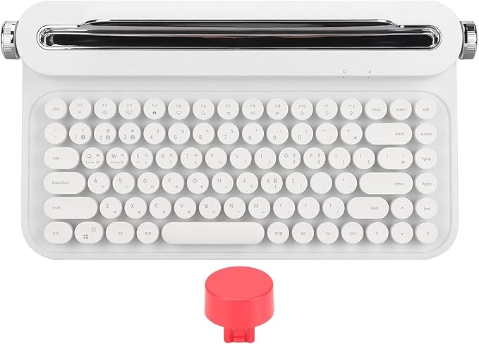 OPPWONG Vintage Bluetooth Keyboard 86 Keys Portable Wireless Keyboard with Red Esc Replacement Keycap Integrated Stand Recess Design for Smartphones, Tablets, Laptops (White)