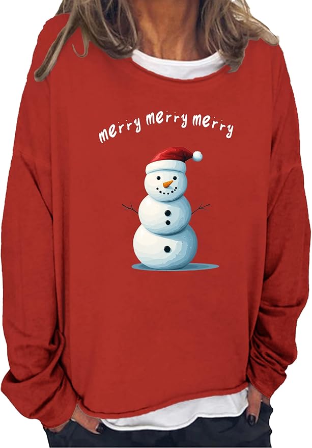 LOAIHA Christmas Shirts for Women Crewneck Snowman Snowflake Santa Graphic Shirts Christmas Tree Long Sleeve Xmas Hoodie