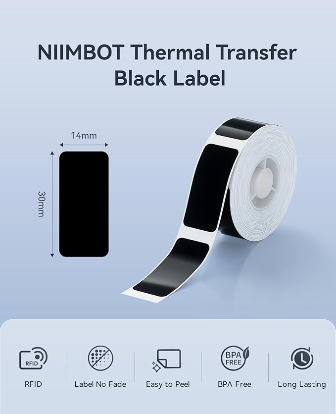 NIIMBOT B18/N1 Thermal Transfer Labels 0.55" x 1.18" (14x30mm), Only for B18/N1 Label Maker, PET Material, Waterproof and High-Temperature Resistance, Long Storage Time, Black