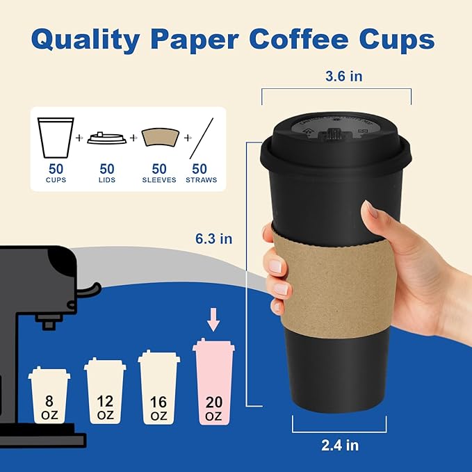 Coolcap 20 oz 50 Pack Coffee Cups with Lids and Sleeves, Straws, Hot Disposable To Go Travel Paper Cups Bulk for Office, Home Coffee Bar Accessories, Chocolate, Cocoa, Beverage (Black)