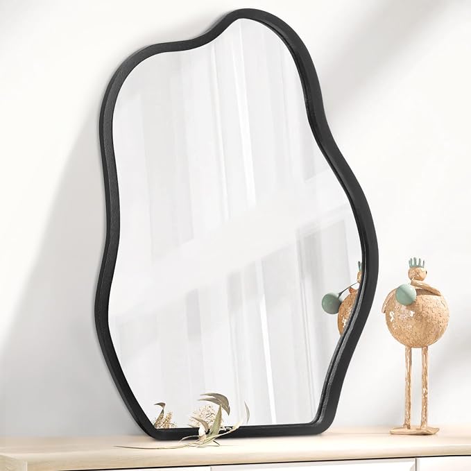 Irregular Mirror for Wall Decor Asymmetrical Wooden Framed Wall Mirror Modern Unique Shape Vanity Artistic Cloud Mirror Decorative for Living Room Bedroom Bathroom Entryway Black