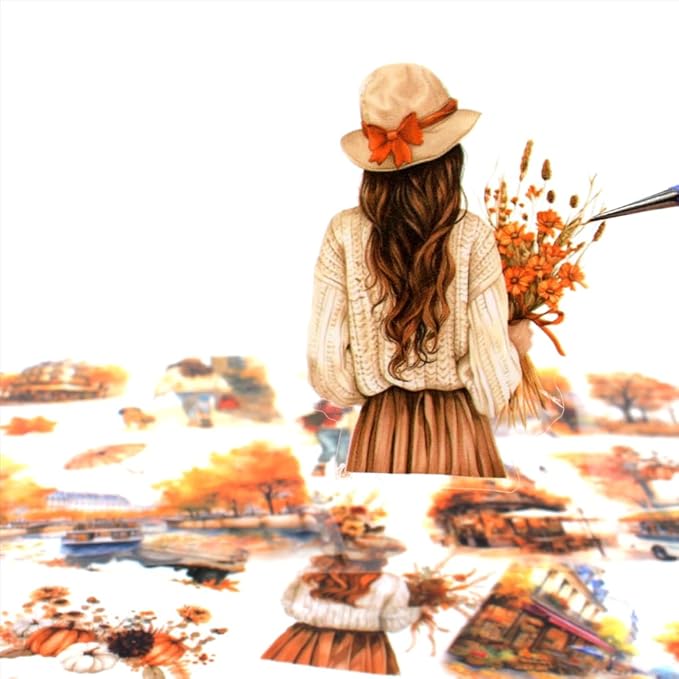 Dwpetzo Fall Landscape Pre-Cut Autumn Journal Sticker Book, Transparent PET Watercolor Scrapbook Stickers for Junk Journaling Supplies, Scrapbooking, Collage, Bujo, 20 Sheets