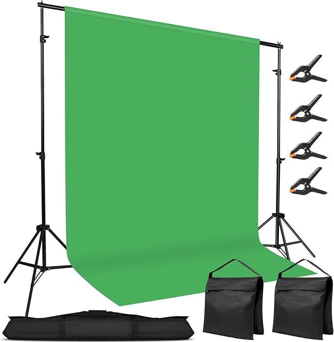 10x7ft Adjustable Photography Backdrop Stand Kit – Photo Studio Background Support with 4 Crossbars, 4 Clamps, 2 Sandbags (with 9 * 6 Feet Green Backdrop Curtain)