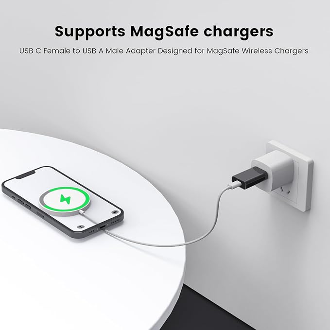 MOSWAG USB to USB C Adapter, USB C Female to USB Male Adapter Compatible with Apple MagSafe Watch 9/8/7/SE/Ultra, for iPhone 15 14 13 12 Mini Pro Max,iPad,Galaxy Note,Pixel,CarPlay,Wall Plug
