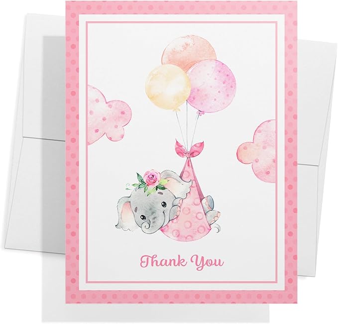 Twigs Baby Shower Thank You Cards with Envelopes - 12 Set Baby Shower Cards for Girl, New Baby Congratulations Cards, Welcome Baby Card, Made in the USA - Pink Elephant Designs, 5.5 x 4.25 Inch Size
