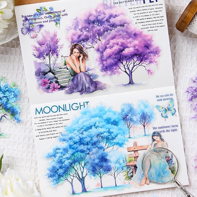 Dwpetzo PET Seasonal Tree Landscape Stickers for Journaling and Scrapbooking, 60 PCS Large Decorative Stickers for Junk Journal Supplies, DIY Crafts Arts, Collage, Albumn