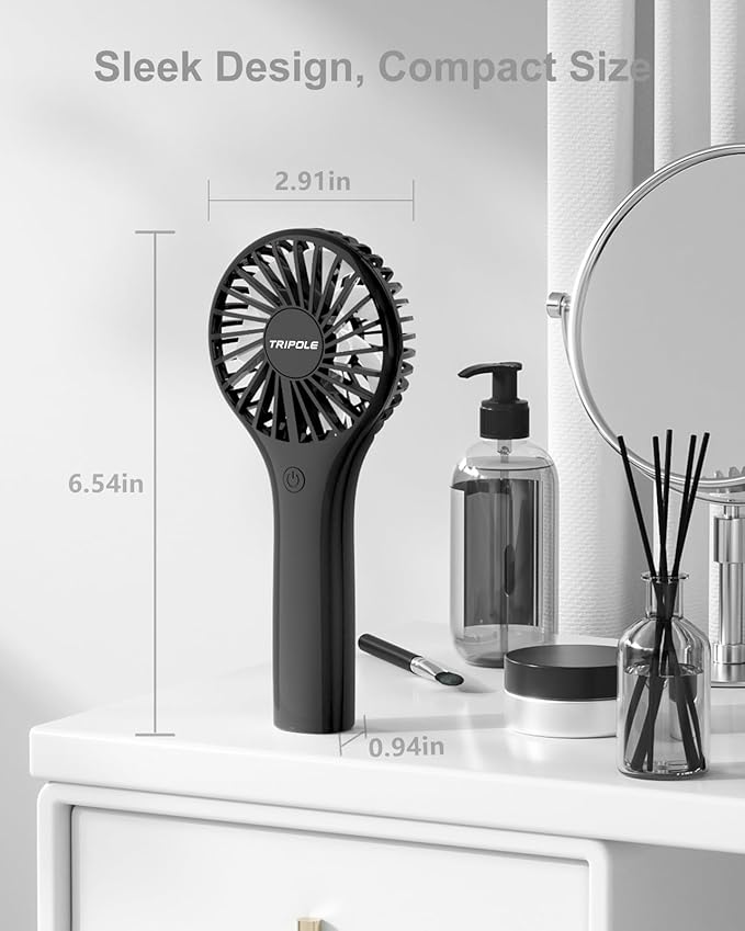 TriPole Portable Handheld Fan Mini Personal Fan with 3 Speeds, Powerful Little Battery Hand Held Fan for Travel Outdoor Concerts, Cute Small Rechargeable Lash Fan for Makeup Skincare Drying, Black
