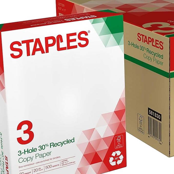 Staples Recycled 8.5 x 11-Inch, 3-Hole Punched Copy Paper 20 lb 92B 500/RM 10 RM/CT