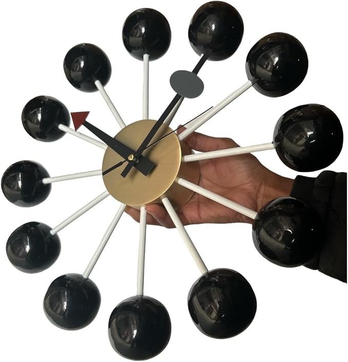 Mid Century Modern Ball Clock – George Nelson Style Wooden Wall Clock, Retro Starburst Design, Silent Non-Ticking Decorative Wall Decor for Living Room, Office, Kitchen & Home (Black, 20 Inch)