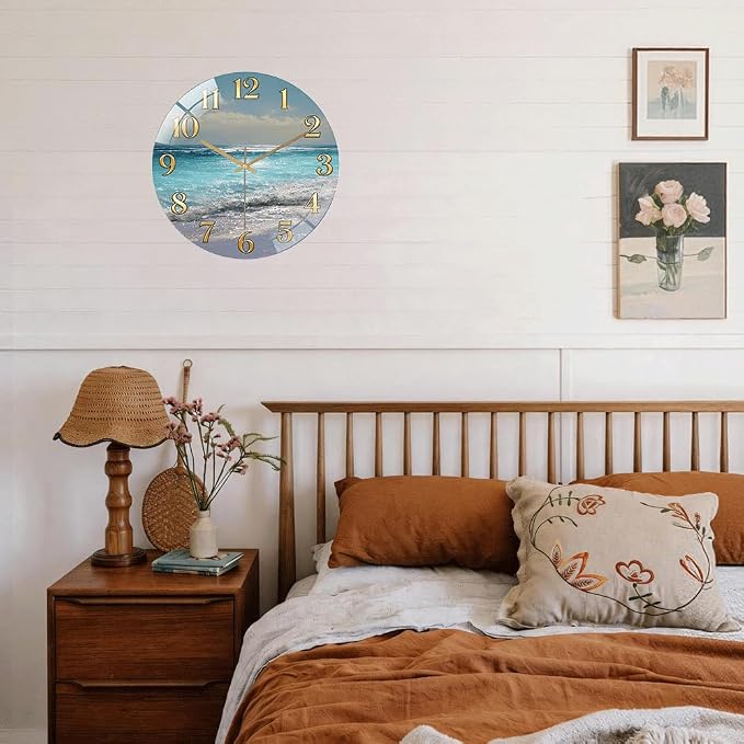 16 Inch Ocean Beach Glass Wall Clock Silent Coastal Art Decor | Silent glossy wall clock featuring a stunning ocean beach scene, perfect for adding a coastal vibe to living room or bedroom