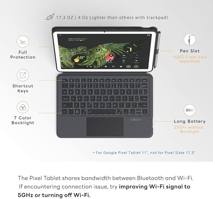 EIP Magnetix Keyboard Case for Google Pixel Tablet 11 inch (2023), Adjustable Viewing Angle, Detachable, Easy Carry, Protective Cover Compatible with Speaker Dock, 7 Backlight Color, US Layout