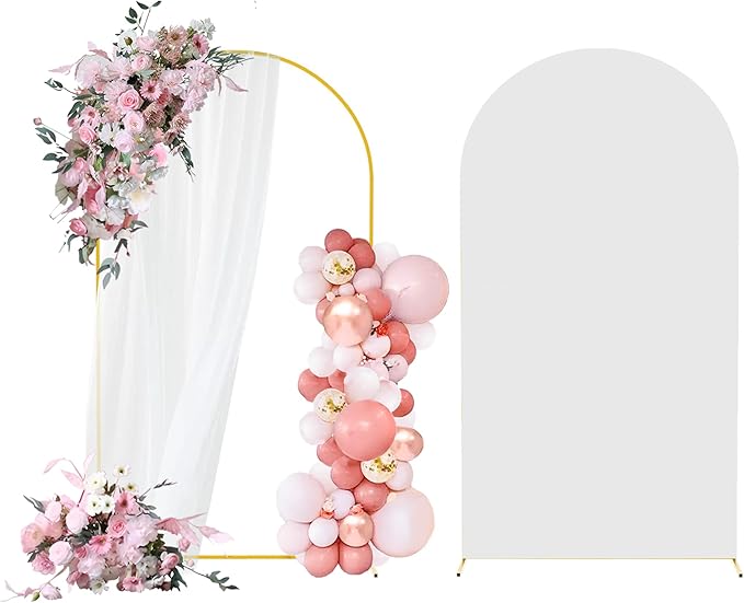 6FT Arch Backdrop Stand and Arch Cover Set, Gold Metal Arch Stand Backdrop with White Arch Stand Cover Ideal for Weddings, Birthday Parties, Baby Showers, Celebration Decorations