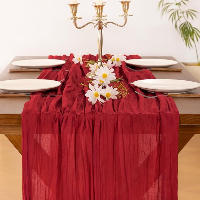 Socomi Red Fall Thanksgiving Cheesecloth Table Runner Boho Rustic Gauze 120 inch 10FT Cheese Cloth Runner for Wedding Party Baby Shower Birthday Home Decor Holiday Decorations