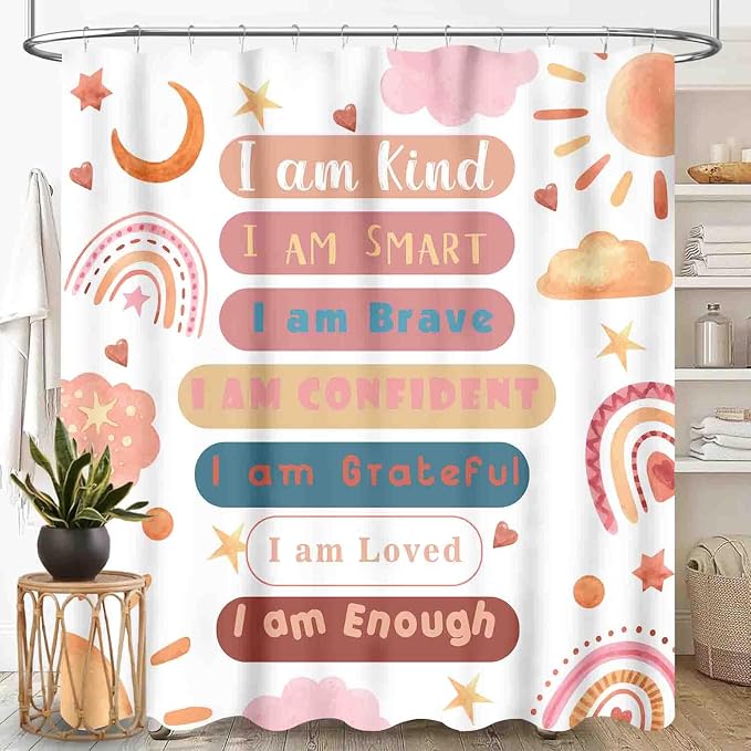 Rainbow Shower Curtain, Pink Boho Cute Inspirational Motivational Quotes Rainbow Colorful Pastel Waterproof Fabric Bathroom Shower Curtain for Baby Kids Girls Set with Hooks, 72"x72" Inch