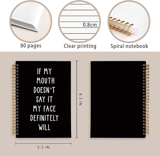 LIANGW Funny Notebooks Journal, Sarcastic Notebooks for Work, Funny Notebooks for Work, If My Mouth Doesn't Say It My Face Will, Black Hardcover Spiral Notebook 5.5x8.3 Inch