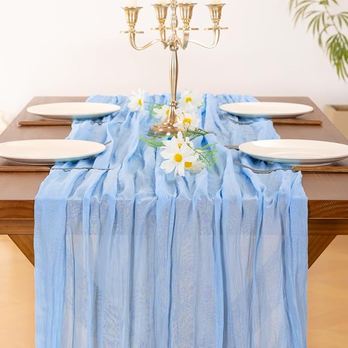 Socomi Blue Fall Thanksgiving Cheesecloth Table Runner Light Blue Boho Rustic Gauze 120 inch 10FT Cheese Cloth Runner for Wedding Party Baby Shower Birthday Home Decor Holiday Decorations
