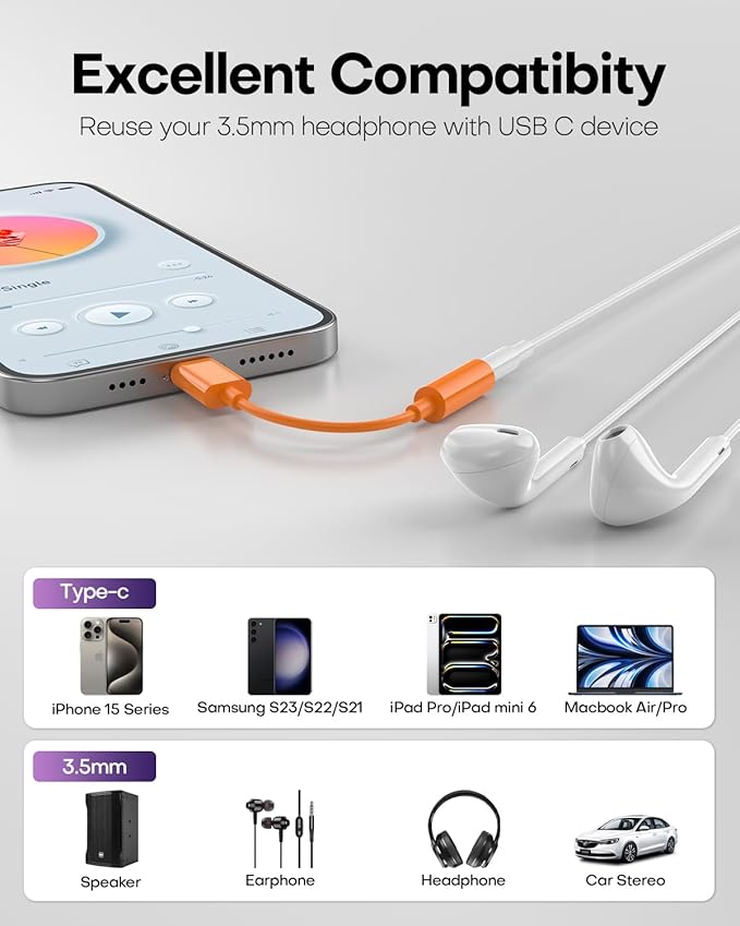 USB C to 3.5mm Audio Headphone Jack Adapter (2Pack), Aux to USB C Dongle Cord Cable Compatible with iPhone 17/16/15, iPad Pro, Samsung Galaxy S25 S24 S23 Ultra/Google Pixel - Orange