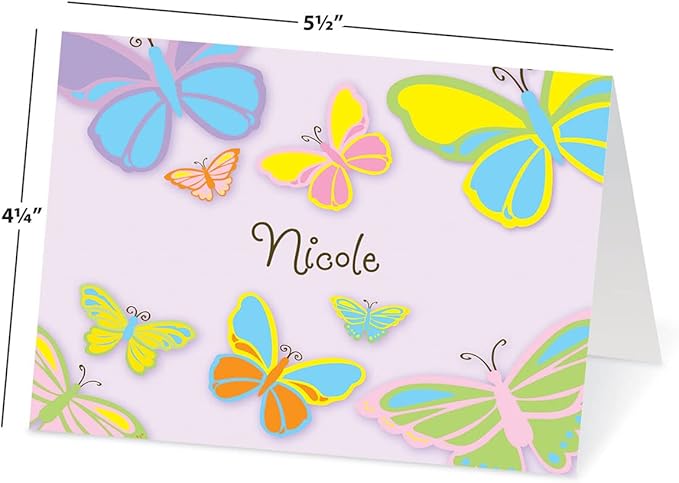 Butterfly Kids Personalized Note Cards - 24 Cards with White Envelopes, 4¼ x 5½ Inch Size, Blank Stationery, Add Names or Text, For Thank You Notes, Invitations, & Announcements