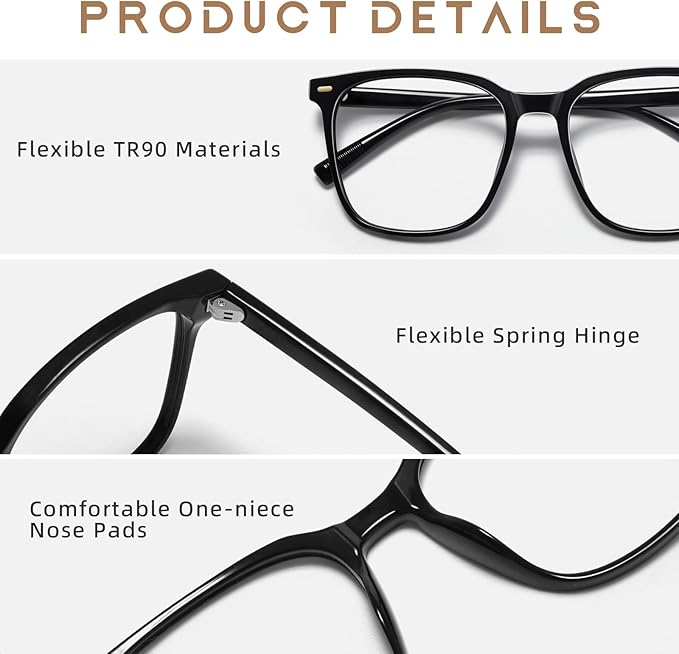 MACJERO Oversized Square Blue Light Blocking Glasses for Women Men, Anti-Fatigue Computer Monitor Gaming Glasses Reduce Eye Strain(Black)