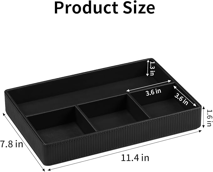 NICLNGSH PU Leather Valet Tray, Decorative Trinket Vanity Desk Drawer Organizer Tray, Perfume Dish Catch All Bowl for Keys, Nightstand Drawer Organizer Women Men with 4 Compartments (Black)