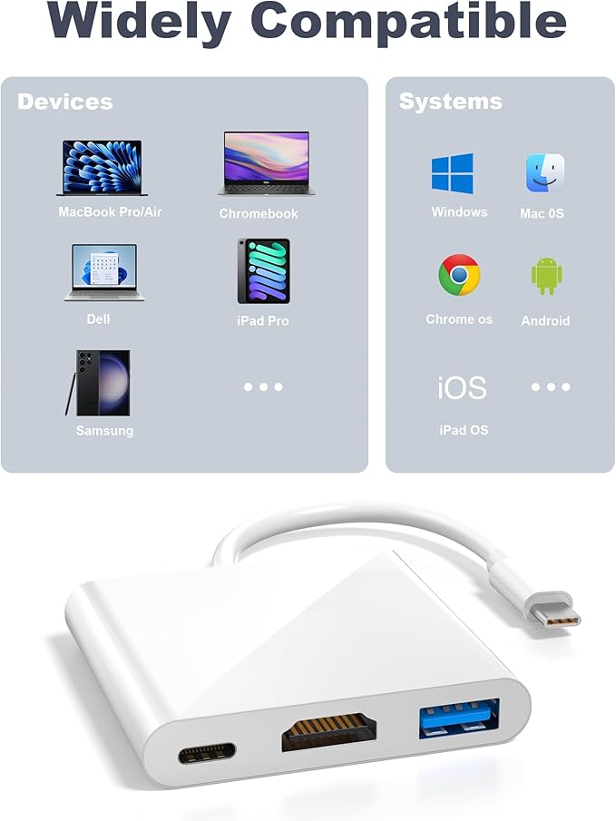 USB-C to HDMI Adapter with 4K Output, Support USB 3.0 5Gbps, Max 100W PD, – Compatible with iPhone 15/16/17, MacBook Pro, MacBook Air, iPad Pro, Pixelbook, XPS, Galaxy, Switch and More (4K@30Hz)