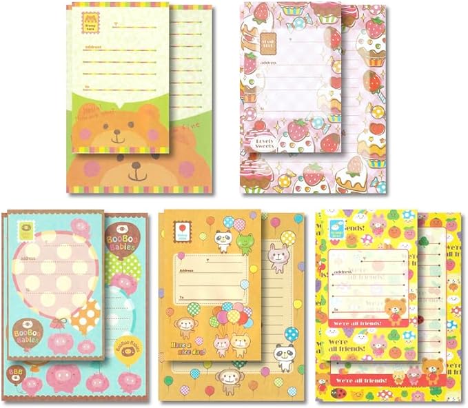 KUDOS.JP Cute Kawaii Japanese Character Stationery Letter Writing Paper with 10 Writing Papers and 5 Envelopes Gift Set for Teen, Girls, Kids