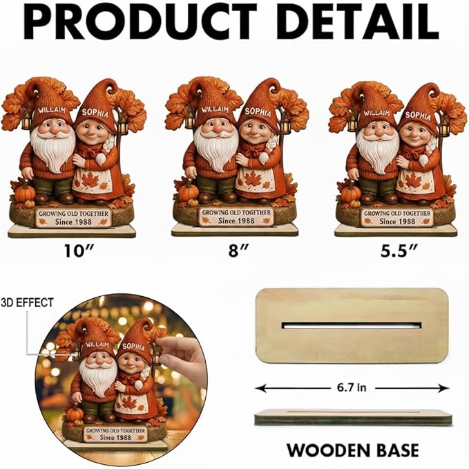 Personalized Gnome Couple Figurine, Growing Old Together Since 1958, Custom Autumn Decoration, Unique Fall Holiday for Couple, Engraved Family Ornament for Parents and Grandparents